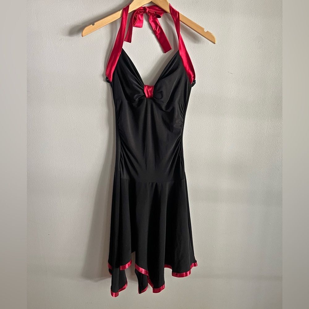 Y2K Taboo Black Red Halter Dress Pin Up Rockabilly Burlesque Goth Asymmetrical